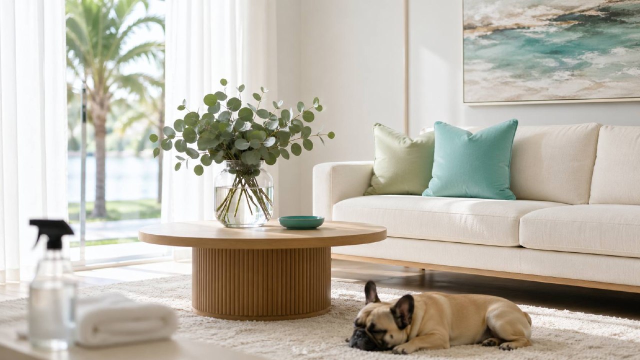Sunlit living room with linen armchair, aqua throw pillow, white orchid, and a French bulldog resting on a rug